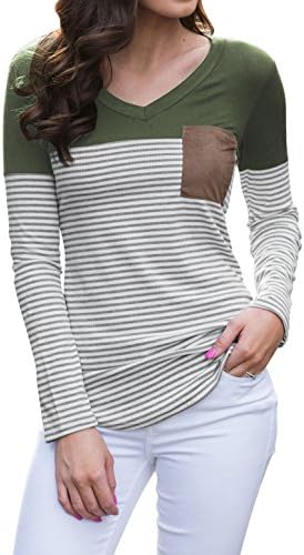 ZILIN Women's Striped Print Long Sleeve V Neck T Shirts Color Block Blouses Tops Pocket Decor
