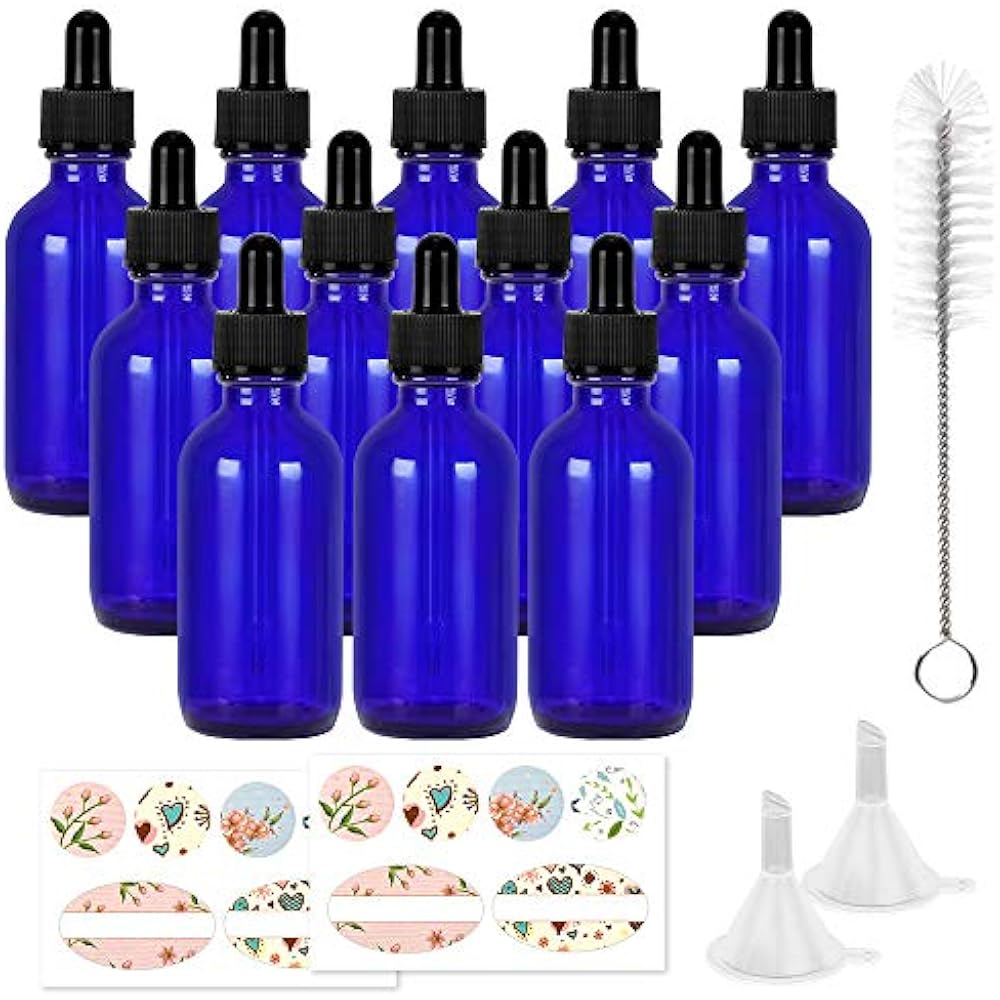 12 Pack 60 Ml Oz Blue Glass Boston Bottles With Droppers