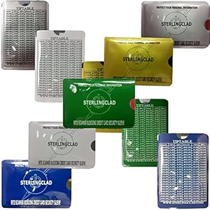 Image of Probably the Best Stocking Stuffer You Can Buy, RFID Blocking Chip credit Protector Sleeves with TipTable- -Organized 5 colors -Each Metallic sleeve holds and protects 2 cards and 5 bills.