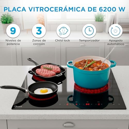 Placa Vitroceramica 3 fuegos 6200 W - Vitroceramica Integrada con Panel de control tactil, Indicador de Luz, Temporizador, Child lock y Protección por Sobrecalentamiento