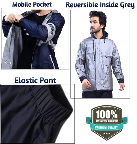 Bulfyss-Double-Layered-Polyester-Rain-Coat-Suit-for-Men-100-Waterproof-for-Bike-Reversible-Lightweight-Raincoat-with-Adjustable-Hood-Bottom-Pants-Free-Size-Blue Bulfyss Men's Rain Coat with Pant (YSRAINSUIT21_Blue_Free Size)