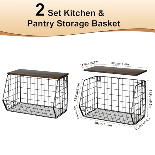 Gaethra 2 Pieces Kitchen Fruit Bowls 30 x 16.5 x 20 cm Removable and Foldable with Banana Hook and Wooden Lid Fruit Basket Rack Baskets for Fruits, Organize Kitchen and Store Vegetables (Black)