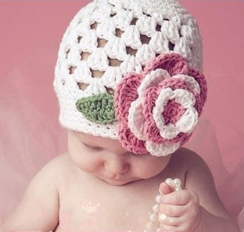 Baby Girl Knit Hat Winter Handmade Flower Prop Beanie (White)