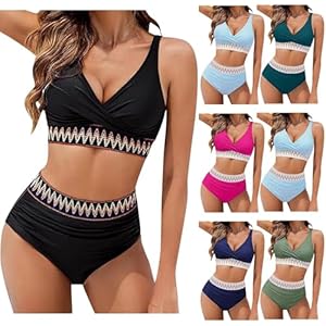 Women High Waisted Bikini Sets 2025 Tummy Control Swimsuits Color Block Two Piece Drawstring Bathing Suit Swimsuit Women Two Piece Black
