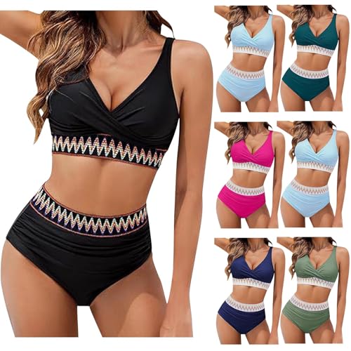 Women High Waisted Bikini Sets 2025 Tummy Control Swimsuits Color Block Two Piece Drawstring Bathing Suit Swimsuit Women Two Piece Black