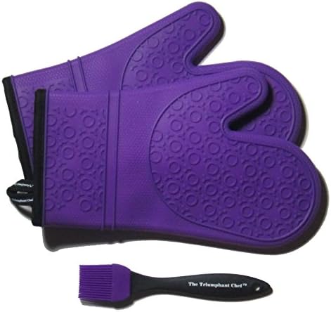 Super Flex Silicone Oven Mitt, Deluxe Quilted Liner, 1 Pair, Royal Purple, Bonus Sauce Brush