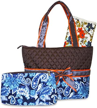 Rosenblue Quilted Diaper Bag Set with Changing Mat, Brown Blue Paisley