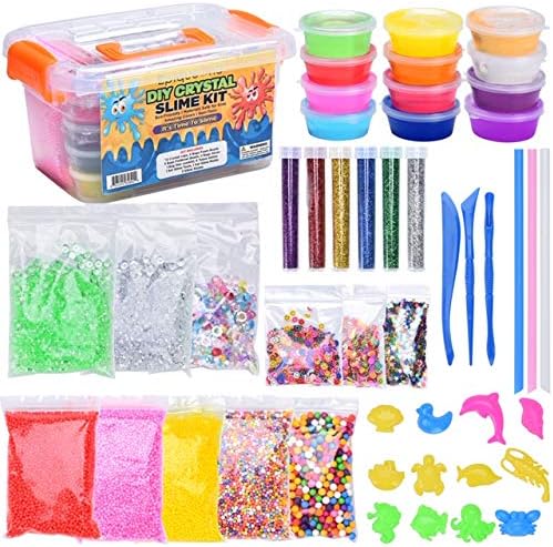 EPIQUEONE DIY Slime Kit: 47 Piece Fluffy Slime Making Supplies, 12 Cups Crystal Slime Colorful Foam, Fishbowl Beads, Glitter, Slime Tools & Container for Holidays, Birthdays