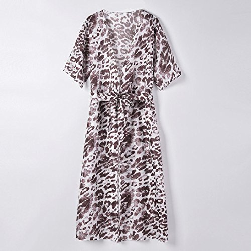Women Fashion Long Sleeve Floral Leopard Print Cardigan Kimono Long Chiffon Robe Coat Beach Cover Up Blouse Tops (XL, White)