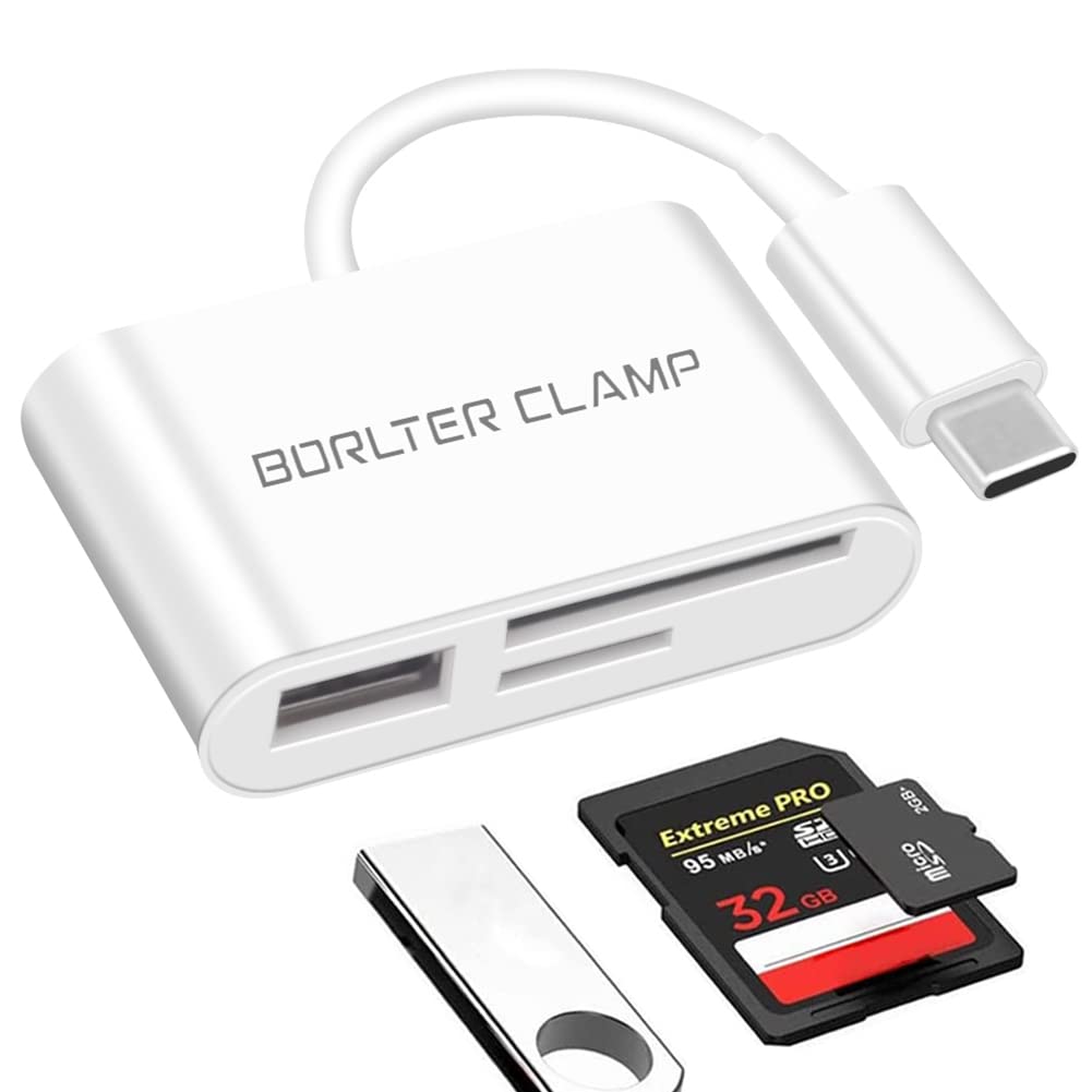 SD Card Reader, BorlterClamp USB C SD/Micro SD Card Reader, USB C to SD Memory Card Reader Adapter, Compatible with MacBook, Laptops, Galaxy Phones and More (White)