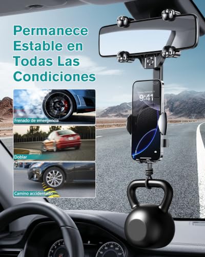 LONGLIV Soporte Celular Auto, Soporte de Teléfono Giratorio y Retráctil de 360°, Multipropó Sito, se Puede Utilizar en los Espejos Retrovisores del Coche, Compatible con iPhone, Xiaomi, Redmi, Huawei
