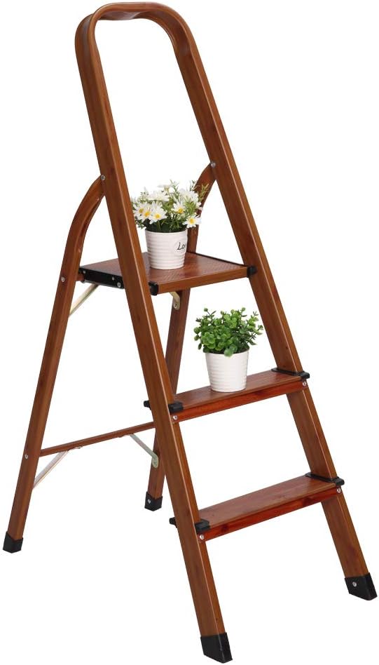 LUISLADDERS 3 Step Ladder Woodgrain Aluminum Lightweight Ladders Folding Step Stool for Home and Kitchen Ladder 330lb (3 Step)