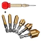 Countersink Drill Bit+Center Punch, Baban Countersink Drill Bit Set 6 Pcs 1/4'' Hex Shank HSS 5 Flute Countersink 90 Degree Center Punch Tool Sets For Wood Quick Change Bit 6mm-19mm