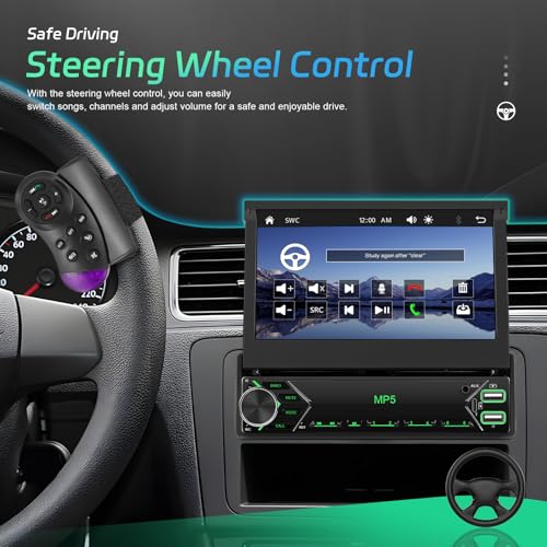FM RDS 1 Din Car Radio Wireless Carplay Android Auto, Retractable Touch Screen 7 Inch Bluetooth Car Radio, EQ, Mirror Link, Reversing Camera, MIC, AUX, USB