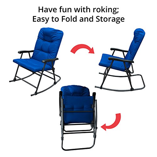 SunLife Outdoor Foldable Modern Rocking Chair Set, Patio/Backyard / Camping Lounge Rockers with Blue Padded Cushions, Set of 2 - Thumbnail 3