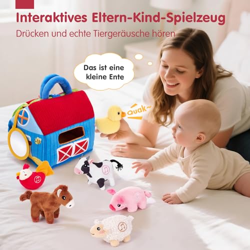 hahaland Farm Baby Toy 6 Months with 2-in-1 Barns & Play Mats, 6 Sensory Plush Toys with Animal Sounds & Speaks English Animal Names, Montessori Toy Baby Gift from 6-12 Months