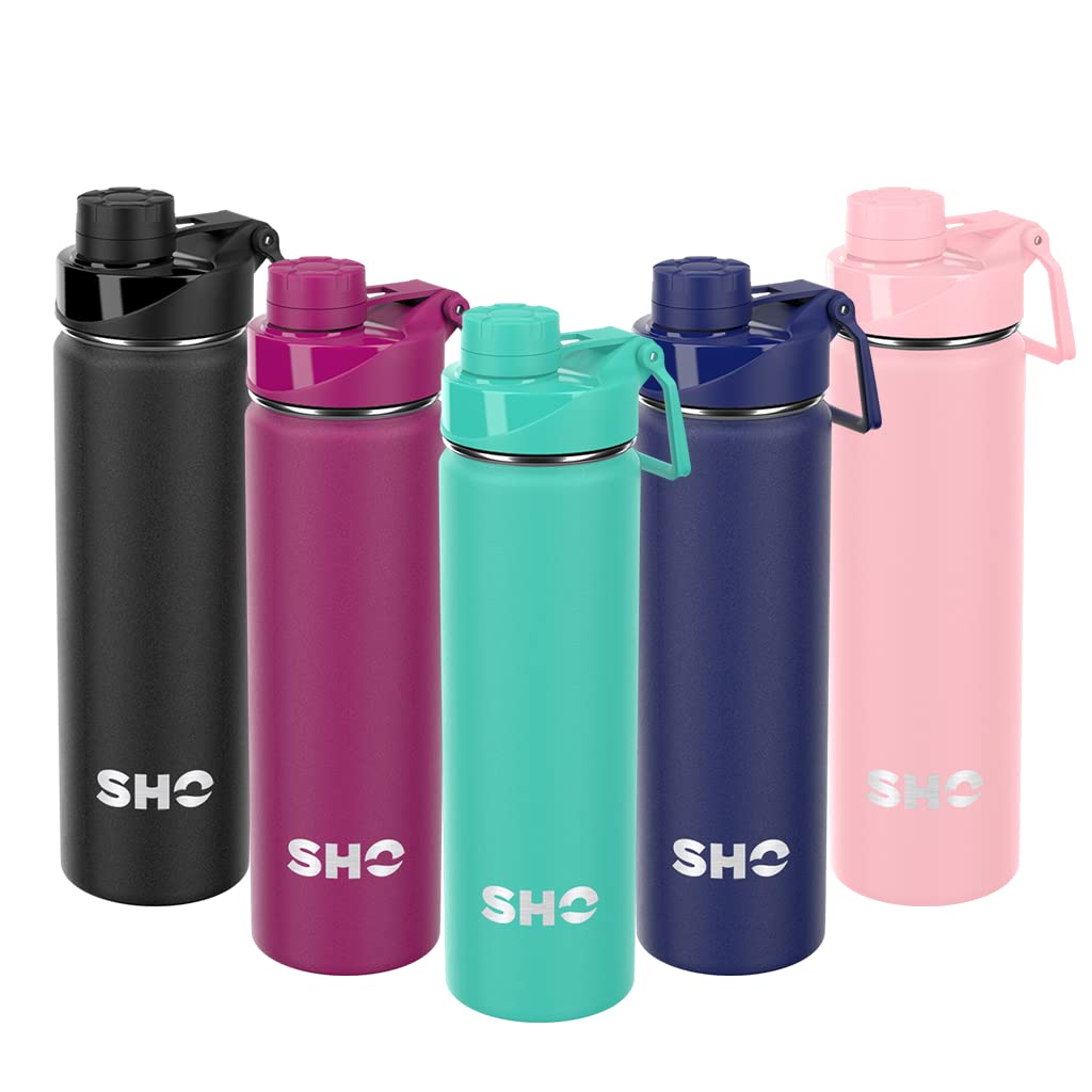 SHO Stainless Steel Sports Water Bottle - Leak Proof, BPA Free, No Sweat, Vacuum Insulated Double Walled Metal Flask - 12 Hours Hot 24 Hours Cold (660ml Aqua)