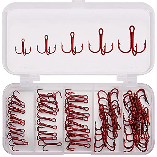ANCLLO 50pcs Fishing Treble Hooks Kit - High Carbon Steel Hooks Strong Sharp Round Bend Treble Fishing Hooks for Hard Bait Lures Saltwater Freshwater Fishing Red