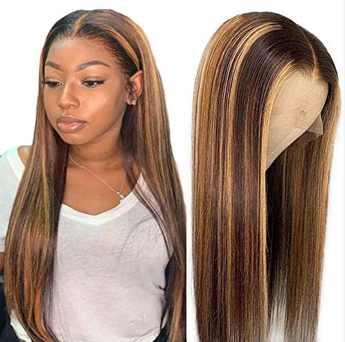 YMS Transparent Lace Front Human Hair Wig 150% Density Straight Highlight Color Human Hair wig Pre Plucked with baby Hair 2 Tones 4/27 Hair lace wig(16 inch)