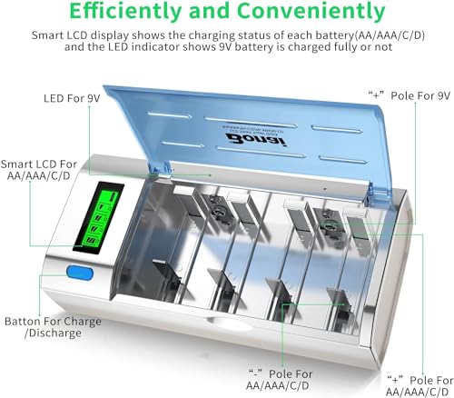 BONAI Universal Battery Charger for NI-MH AA AAA C D & Li-Ion 9V Batteries, Quick Charger with LCD Display & Discharge Function, Single Bay Monitoring, 4 Slots