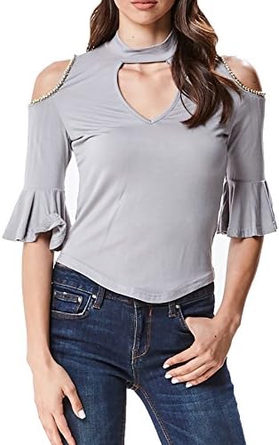 in2you Chocker with Cold Shoulder Golden Beads Top (Medium, Gray)