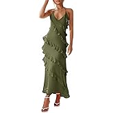 Wenrine Womens Sexy Chiffon Halter Maxi Dress Sleeveless Backless Ruffle Tassel Party Club Dresses