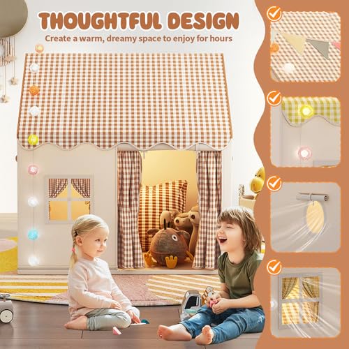 Pomefar Large Kids Tent with LED Lights & Party Decor, Indoor/Outdoor Playhouse for Boys & Girls Ages 3-10, Princess Castle Design for Birthday, Room Decor & Family Gatherings