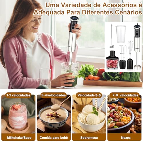 TURU HOME 6 em 1 mixer de mão, 1000W, 8 velocidades, Exibição digital LCD, Vem com um copo de 860 ml, Livre BPA,Triturador de 600 ml, Adequado para sopas, smoothies e purés(220V)