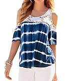 Women Cold Shoulder Splicing Short Sleeve Lace Loose Blouse Tops Shirt
