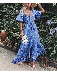 R.Vivimos Vestido largo bohemio para dama, de manga corta, algodón, cuello en V, diseño floral