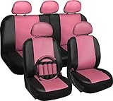 Oxgord 17pc Set Faux Leather / Pink & Black Auto Seat Covers Set - Airbag Compatible - 50/50 or 60/40 Rear Split Bench - 5 Head Rests - Universal Fit for Car, Truck, or SUV - FREE Steering Wheel Cover