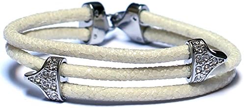 Lavriche Stingray White Leather Bracelet 925 Silver Plated and CZ