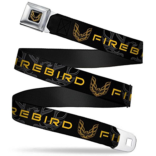 Buckle-Down Seatbelt Belt - Pontiac FIREBIRD/Logo Black/Grays/Golds - 1.5" Wide - 24-38 Inches in Length