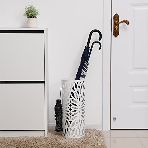 SONGMICS Umbrella Stand, Long and Short Umbrella Rack, Free Standing Holder for Canes Walking Sticks, with Drip Tray 2 Hooks, White ULUC20W
