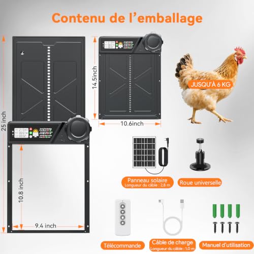 Grande Porte Automatique Poulailler Solaire avec Panneau 7W | Minuterie, Télécommande 15m, Écran LCD, Anti-Pincement, pour Poules Canards