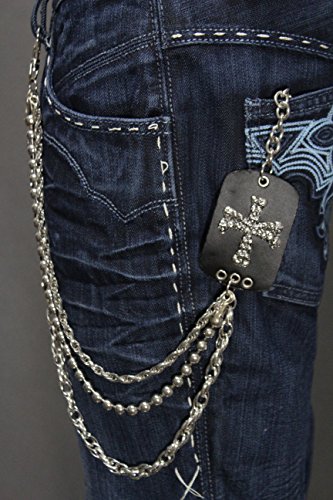 TFJ Men Biker Fashion Wallet Chain Metal Keychain Mini Skulls Cross 3 Strands Silver