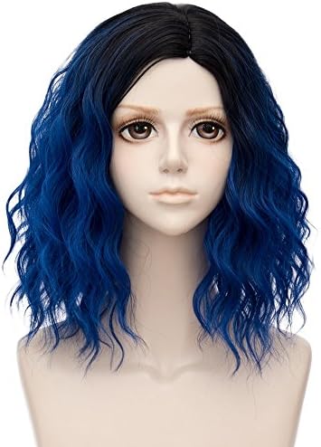 TOPMAX Ombre Curly Heat Resistant Cosplay Wig Fashion Lolita Women's Party, 14" L, Short, Dark Blue Mixed Black