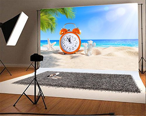 LFEEY Beach Style Photography Background 9x6ft Sunshine Blue Sky Sea Alarm Clock Starfish Palm Tree Kid Baby Infant Boy Studio Props Video Drape Wallpaper