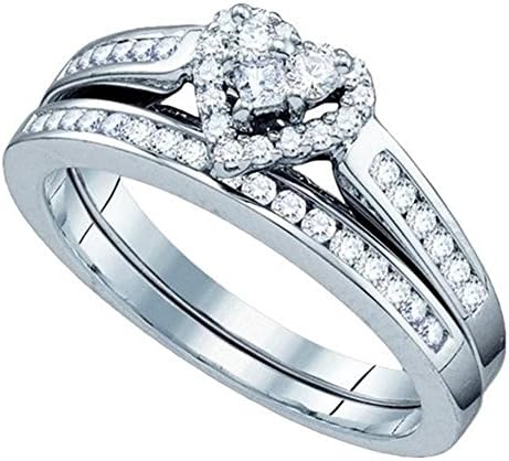 .55ct 10K White Gold Round &amp; Princess Diamond Heart Shaped Bridal Engagement Ring Set
