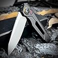 Push Button lock knife, Folding Pocket Knife For Men, Stonewashed Reverse Tanto Blade, Aluminum Handles With Reversible Deep Carry Pocket Clip for Everyday Carry Outdoor Camping EDC Tool (Black)