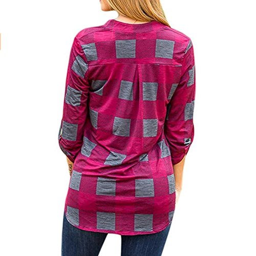 Clearance Deals V-neck Blouse,ZYooh Fashion Women Spring 3/4 Sleeve Plaid Check Shirt Loose Blouse Top (red, M)