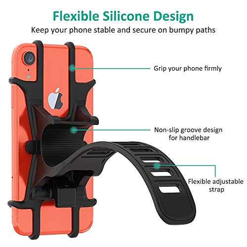 BOVON Bike Phone Mount, Universal Adjustable Silicone Bicycle Phone Holder for Cycling GPS/Map/Time/Music, Fit for iPhone Xs MAX/X/XR/8/8 Plus, Samsung S9/S8, 4.5"-6.0" Phones (Updated) (Black)