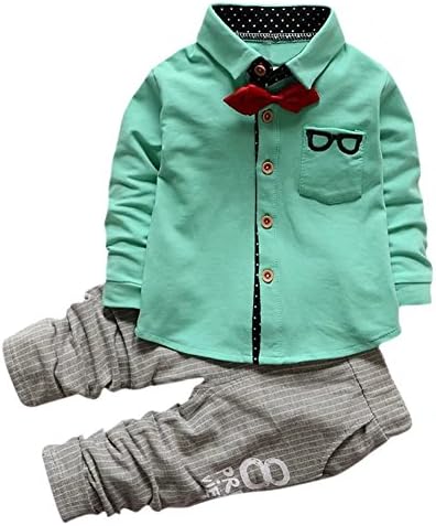 2 Pieces Tuxedo Outfit, Long Sleeves Party Dress Shirt with Bow Tie + Harem Jogger Pants Set for Infant, Toddler Baby & Little Boy, Green 9-12 Months