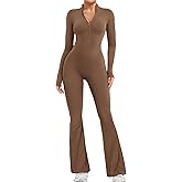 YEOREO Women Long Sleeve Flare Workout Jumpsuit Zip Up Romper Bottom Pants Wide Leg Bodysuit Bodycon Sexy One Piece