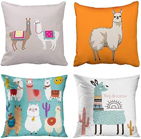 Jbralid Llama Cute Cartoon Drama Ramecame Orange Catoon Abstract Llamas Cotton Linen Indoor Decor Throw Pillow Cover Case Set of 4, 16x16 in