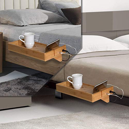 Bamboo Bedside Bed Shelf with USB Ports to Charge Devices, Powder
