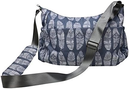 Diaper Bag Purse & matching Changing Pad in Premium Gray Nylon w/ 11 Pockets Insulated for Baby Bottles Silver Tone Hardware Perfect Spacious Crossbody Hobo Bags for Moms on the Go Grey White Feathers