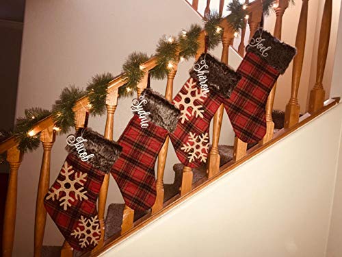 DoubleWood 4 Pack 18 inches Big Christmas Stockings Burlap Plaid Snowflake and Plush Faux Fur Cuff Stockings for Family Holiday Xmas Party Decorations