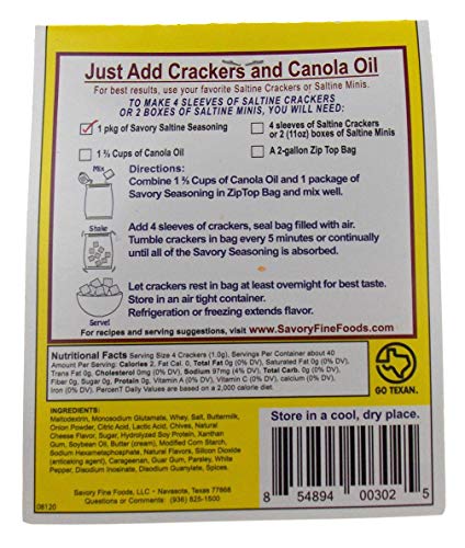 Savory Saltine Seasoning Bundle - 4 Packs Texas Chipotle Flavor + 4 Zip Top Bags (15.5" x 12") + Recipe Card