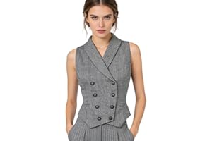 MBCAMOZEN Suit Vest for Women Gray Herringbone Double Breasted Sleeveless Lapel Dressy Waistcoat for Business